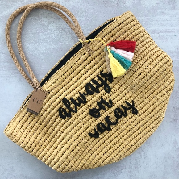 C.C Always On Vacay Graphic Embroided Natural Straw Beach Bag Tote NWT - Picture 2 of 7